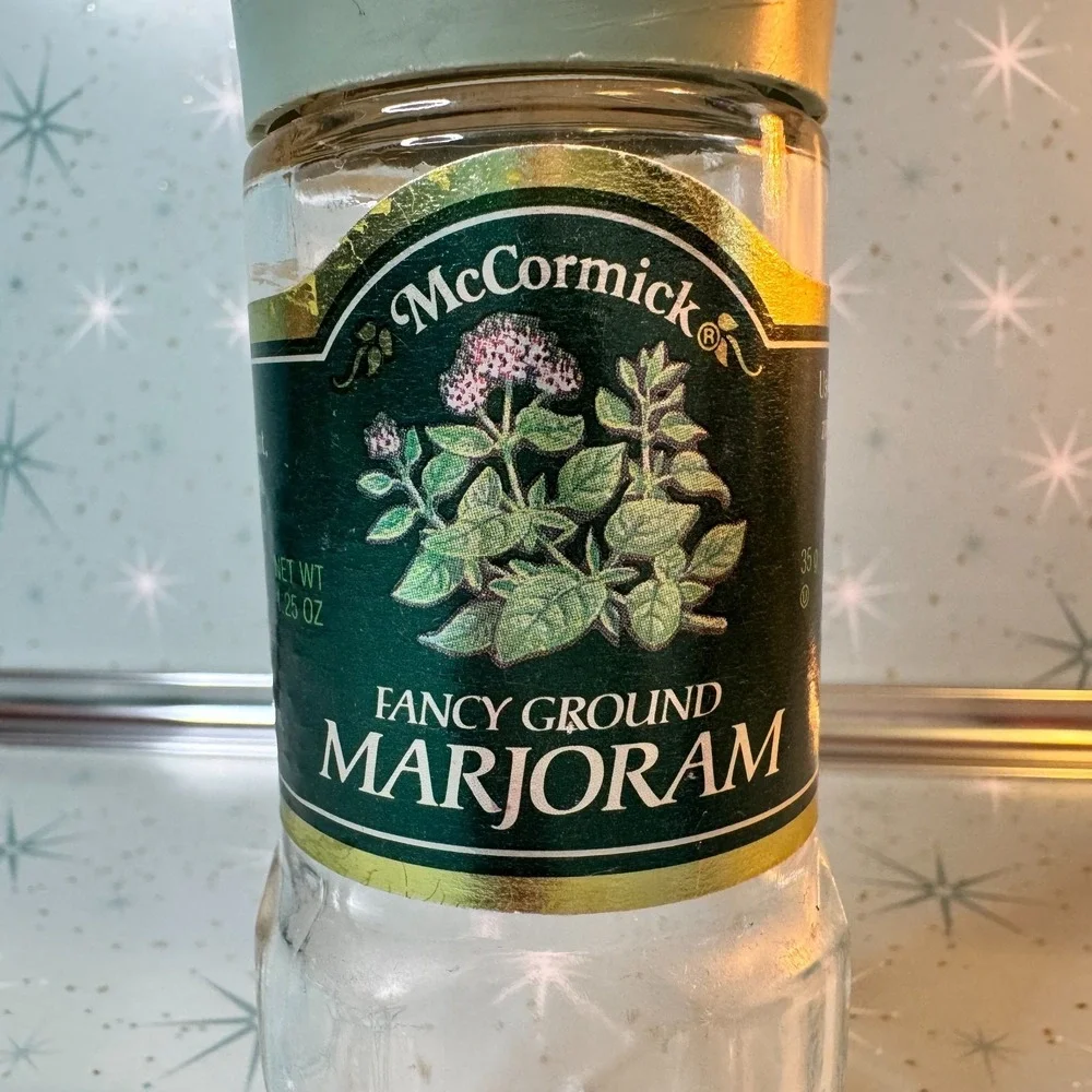 Vintage McCormick Marjoram Jar Green Label Lid Glass Spice Bottle Retro Kitchen